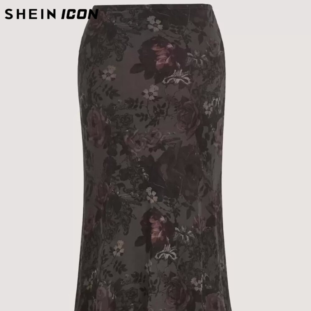 SHEIN ICON Grunge Floral Mesh Skirt – Black/Burgundy Floral